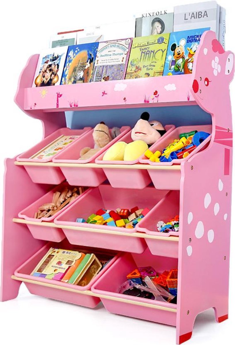 Onshine 3-laags Kast met 9 Opslagbakken & Boekenplank - Roze Reekalf - Opbergkast - Speelgoedrek - Opbergrek kinderen - Speelgoedboxen - Opbergmeubel - Kast voor kinderkamer - Kinderkast - Organizer - Speelgoedkast - Meubels  kinderkamer