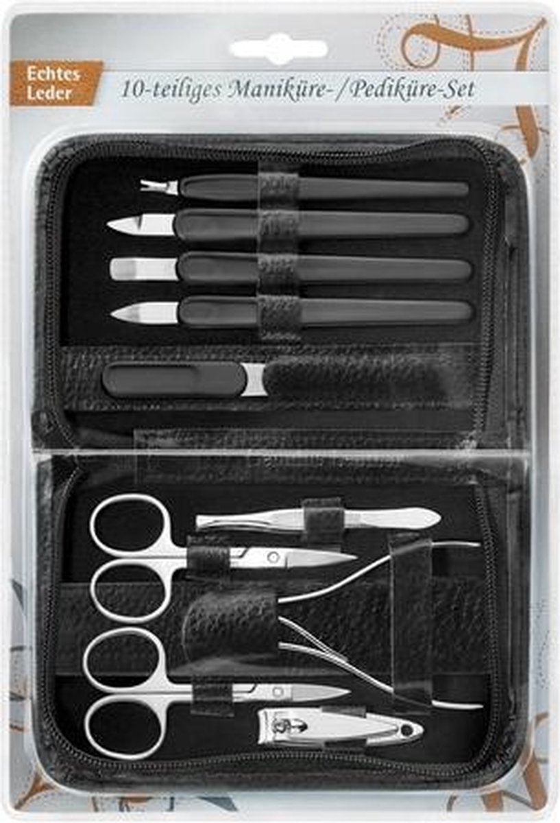 Manicureset Clauss 10-delig in zwart lederen etui met ritssluiting.