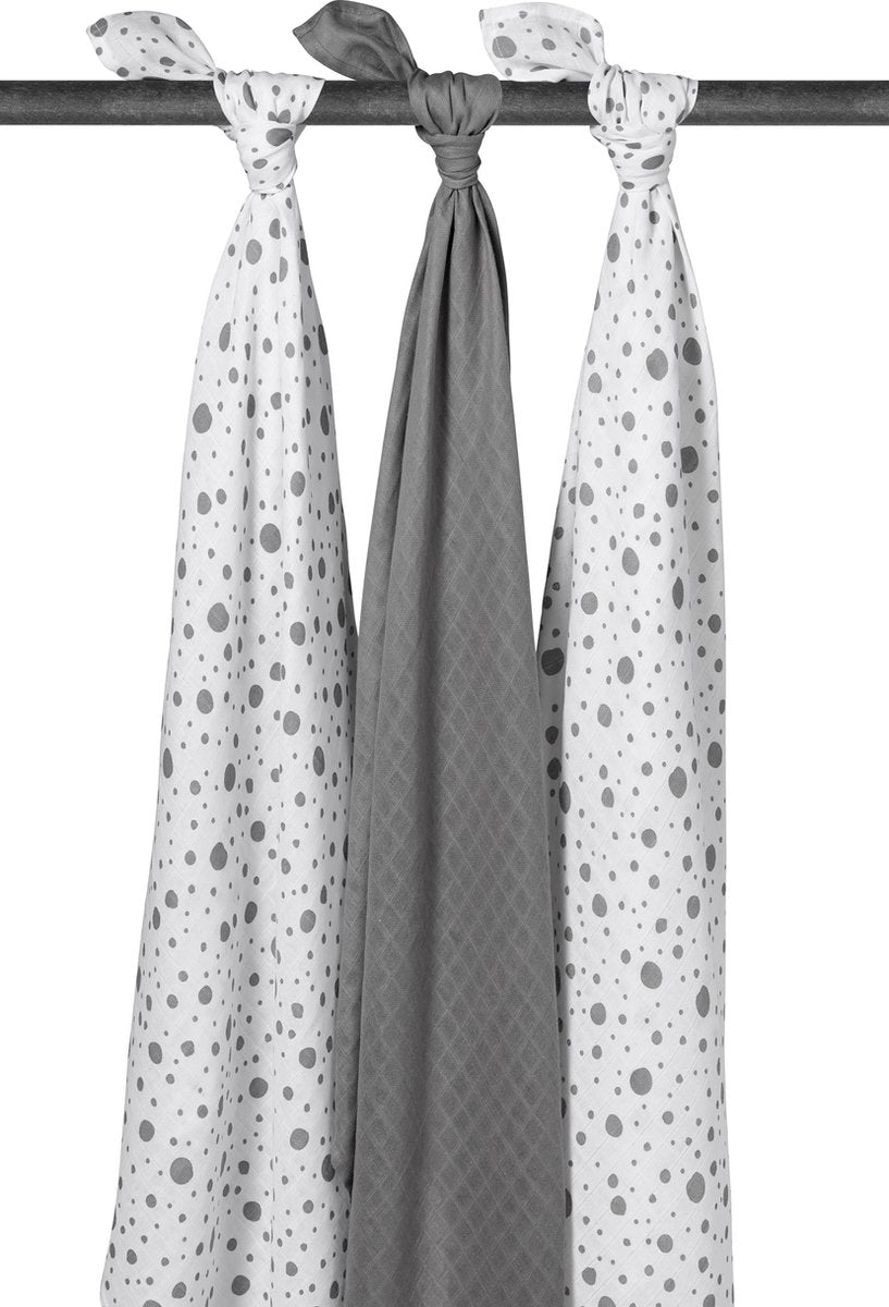 Meyco 3-pack Swaddle - Dots grijs/Uni grijs/Dots grijs