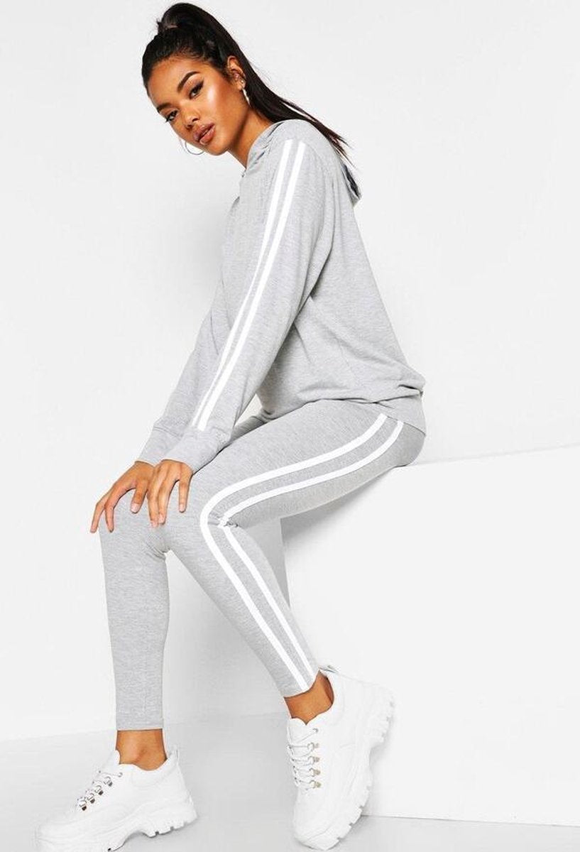Hoogwaardige Dames Tracksuit / Joggingsoutfit / Trainingspak | 2-Delig Hoodie & Broek | Sportpak | Huispak | Grijs-Wit - XL