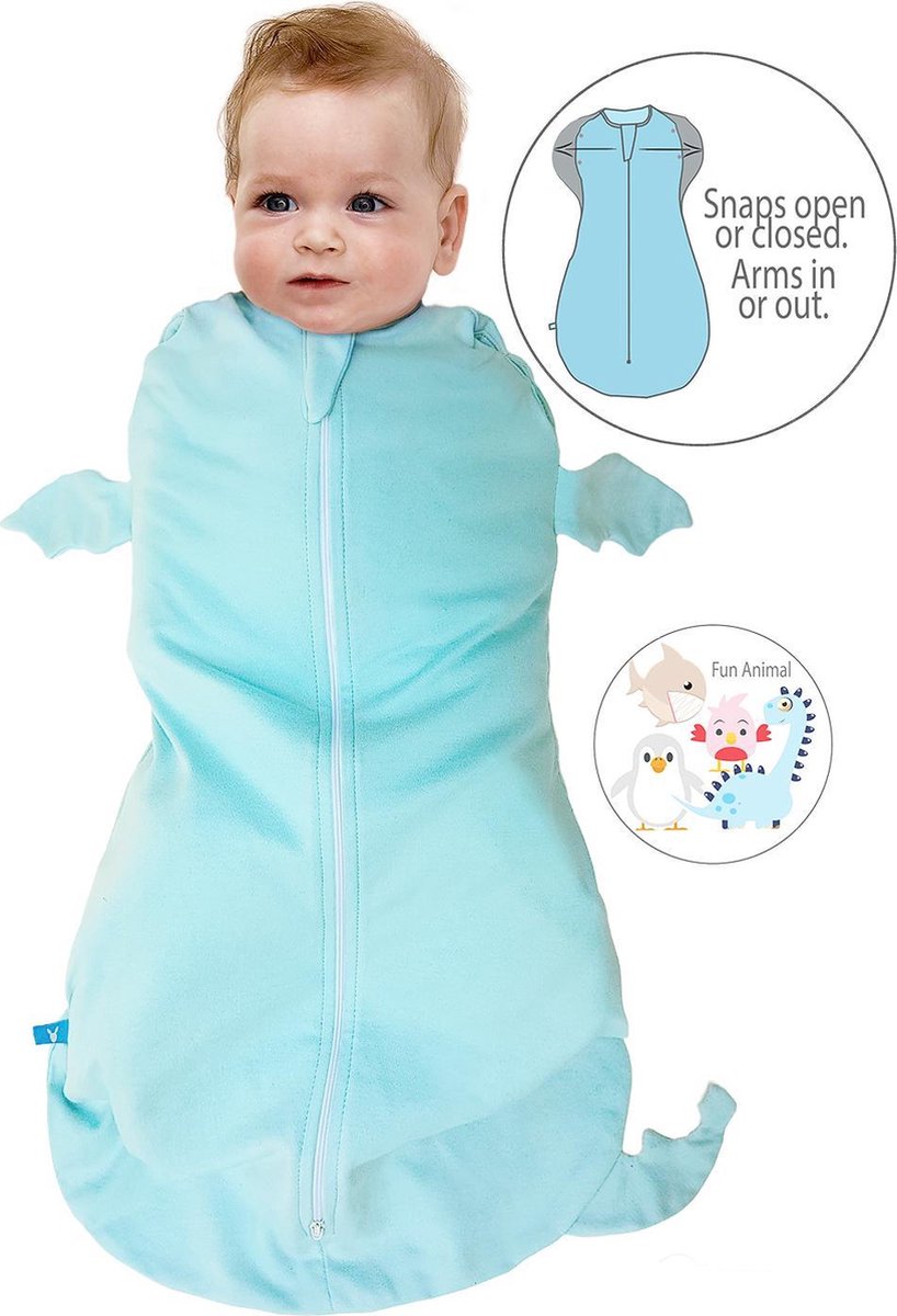 Wallaboo babyslaapzak - Inbakerdoek en slaapzakje in één - Zacht 100% katoen - Om gemakkelijk in te bakeren - vanaf 0 maanden tot 3 maanden - kleur: licht blauw draakje