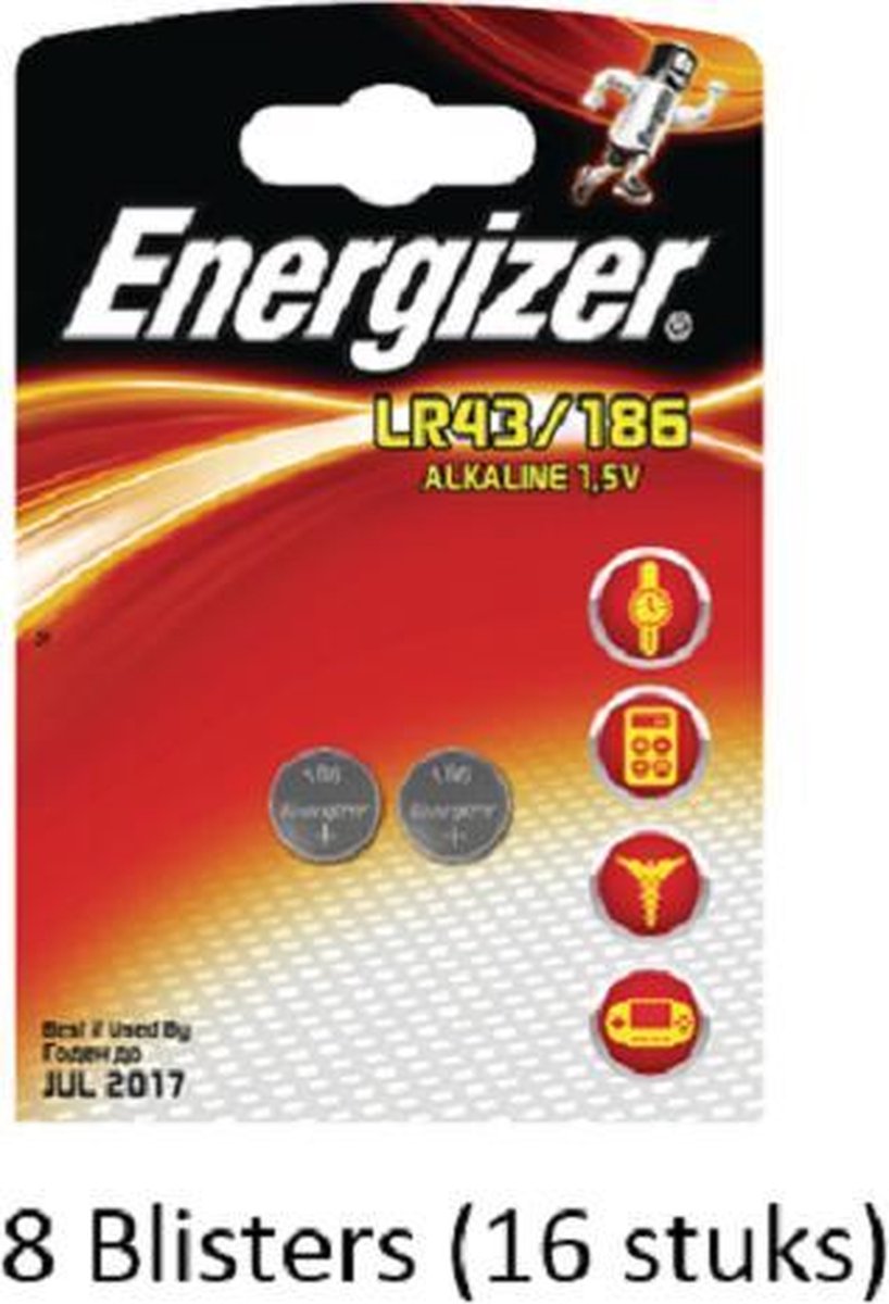 16 stuks (8 blisters a 2 stuks) Energizer knoopcel LR43/186 1.5V
