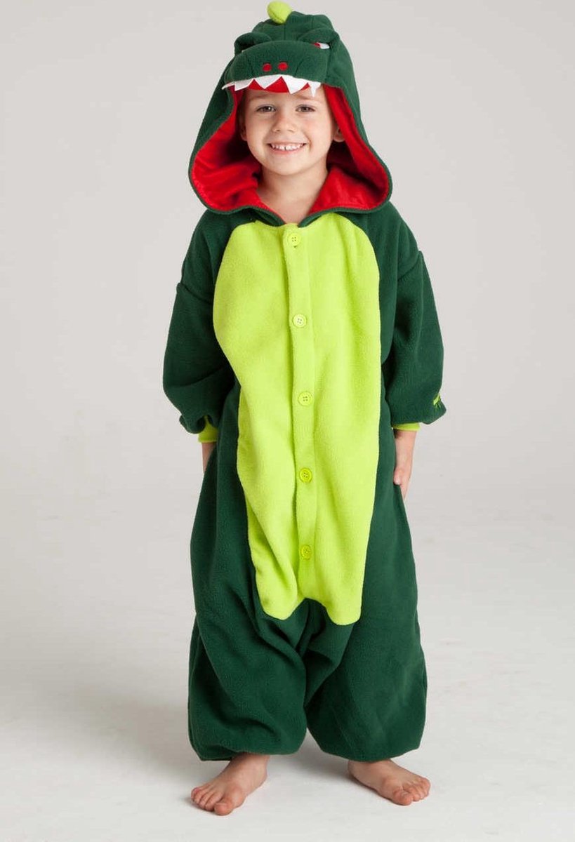 KIMU Onesie groene draak kinder pak krokodil dino - maat 146-152 - drakenpak jumpsuit pyjama