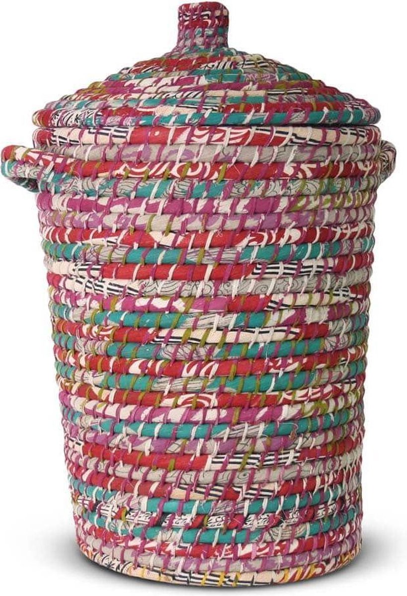 Rieten Mand met Deksel van Zeegras Large Rood - Groen