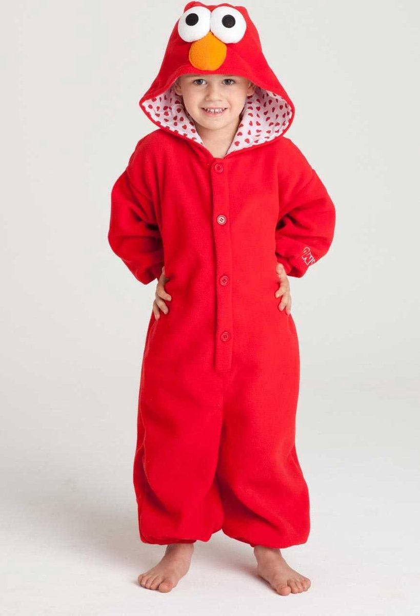 KIMU Onesie Elmo kinder pak kostuum Sesamstraat - maat 146-152 - rood Elmopak jumpsuit pyjama