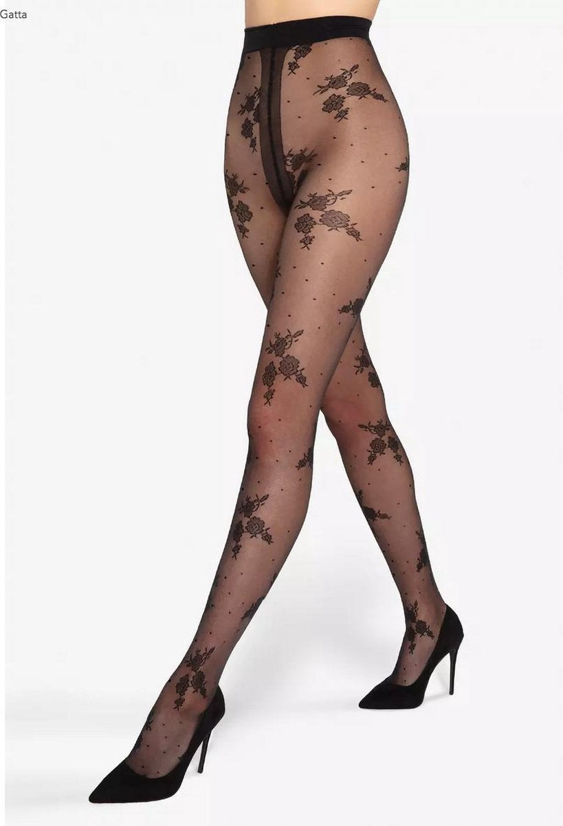 Gatta Faria zwarte panty met stippen & bloemen patroon 20den