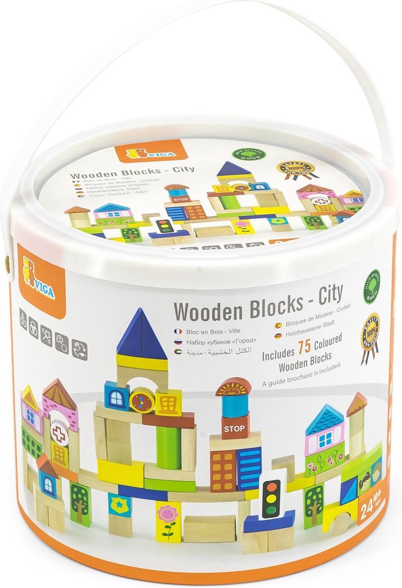 Viga Toys - Bouwblokken in ton - Stad - 75 stuks