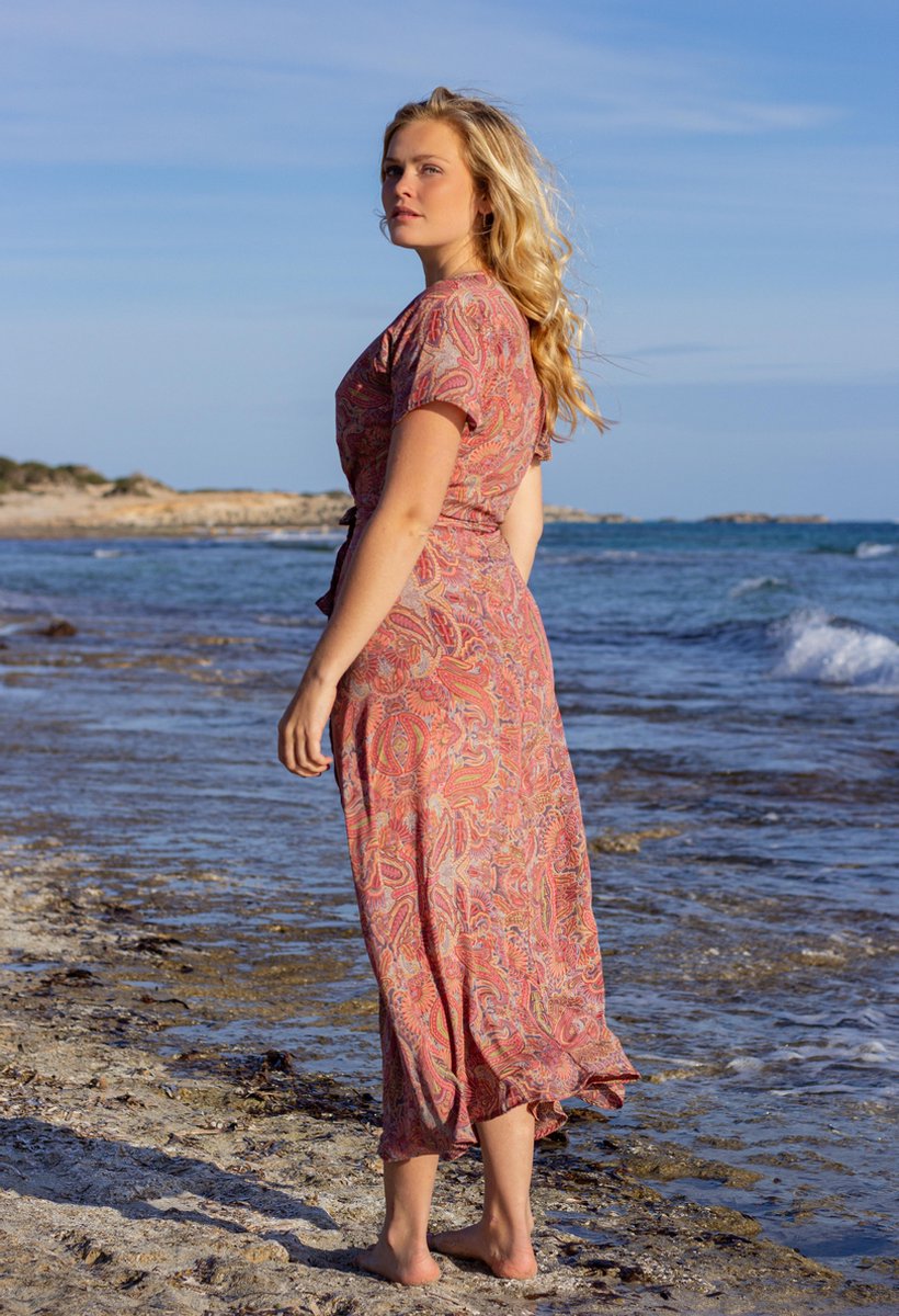 Ibizaflower zijde omslagjurk lang - roze