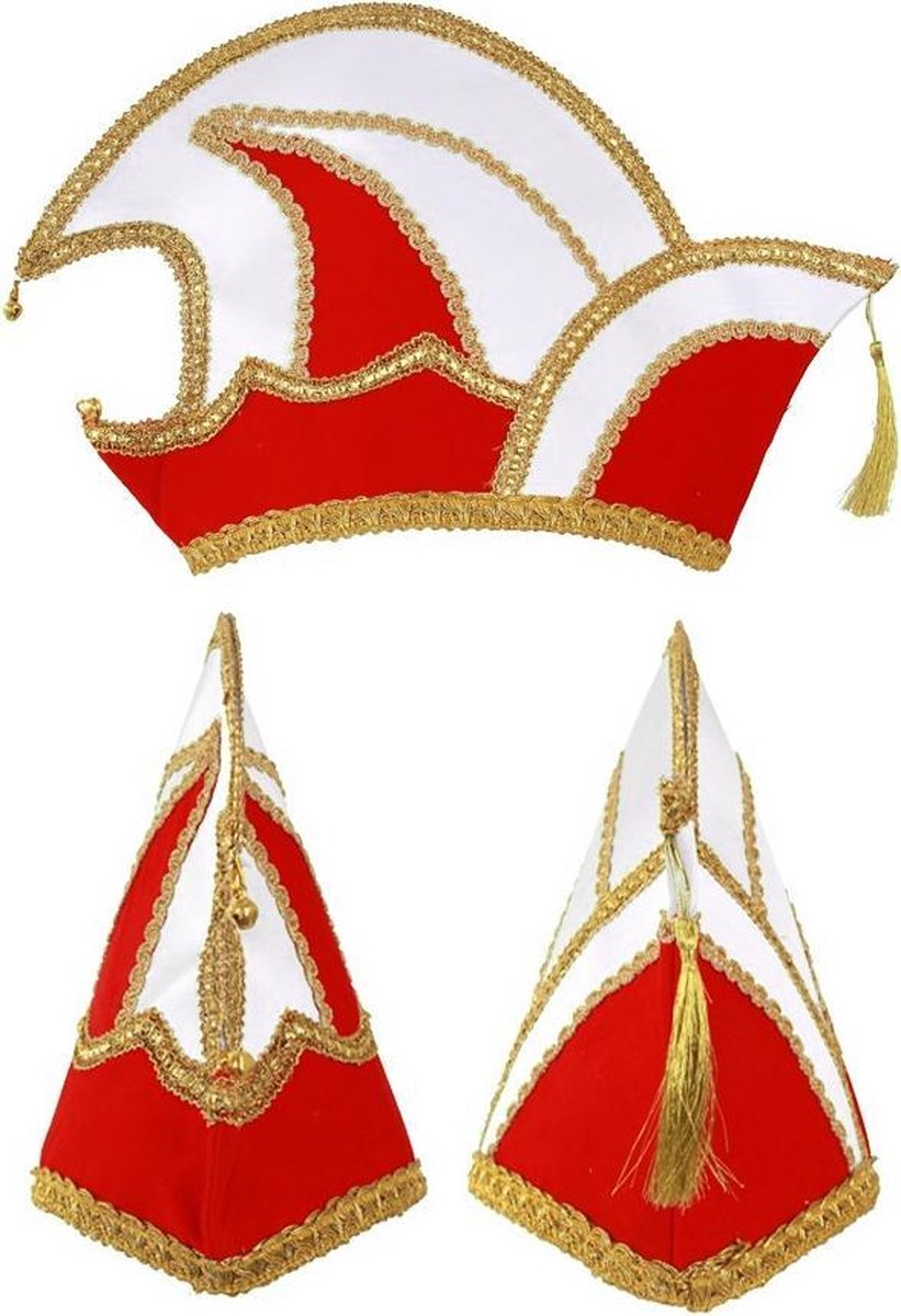 Prins Carnaval steek muts rood fluweel - prinsenmuts raad van elf goud wit prinsensteek