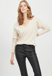 Objthess L/s V-neck Knit Pullover N 23034470 Sandshell