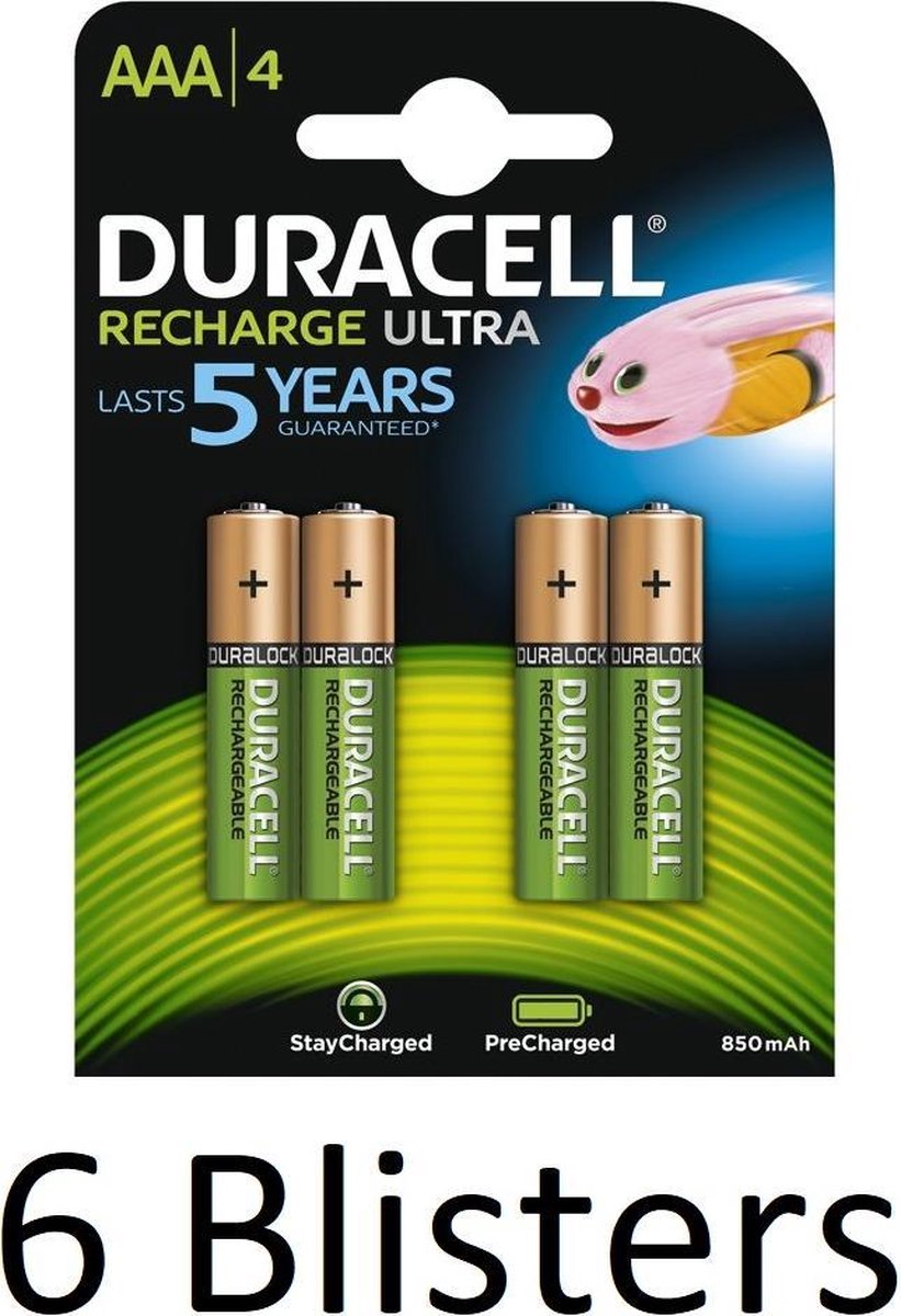 24 stuks (6 Blisters a 4 st) Duracell AAA Oplaadbare Batterijen - 800 mAh