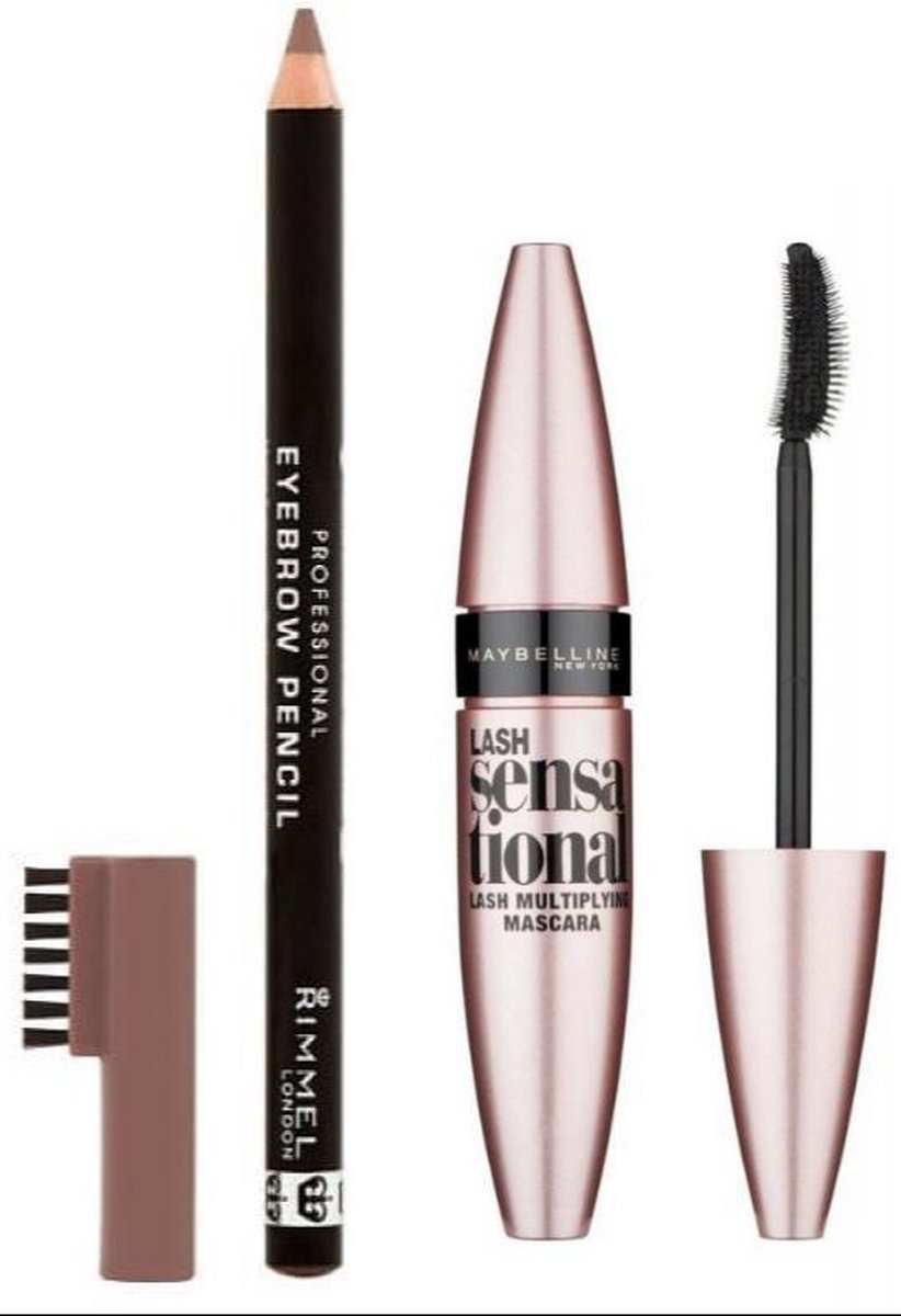 Rimmel London Professional Wenkbrauwpotlood - 002 Hazel + Maybelline Lash Sensational Volume Mascara - Very black - Zwart