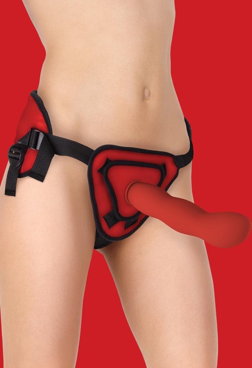 Ouch! – Deluxe Siliconen Voorbind Dildo met Harnas en Schroef Bevestiging 26 cm - Rood