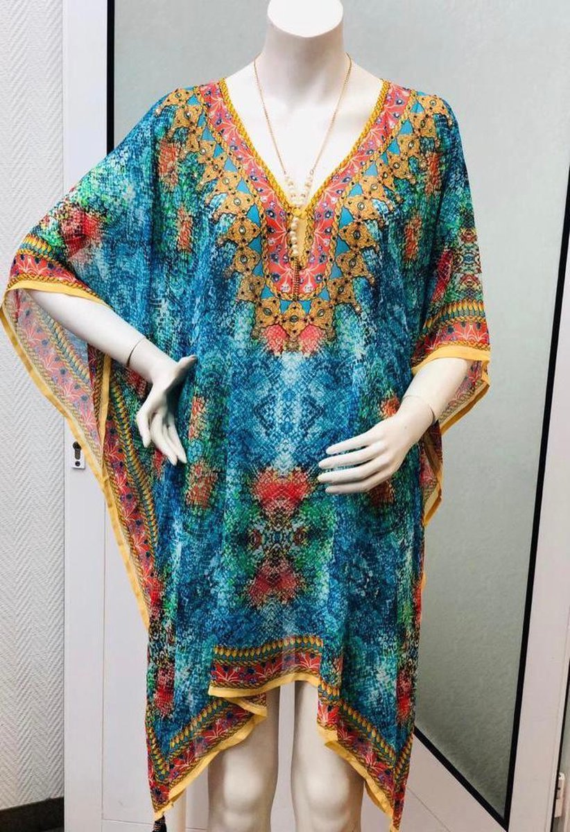 Dames tuniek met print en steentjes onesize 36-44 blauw/rood
