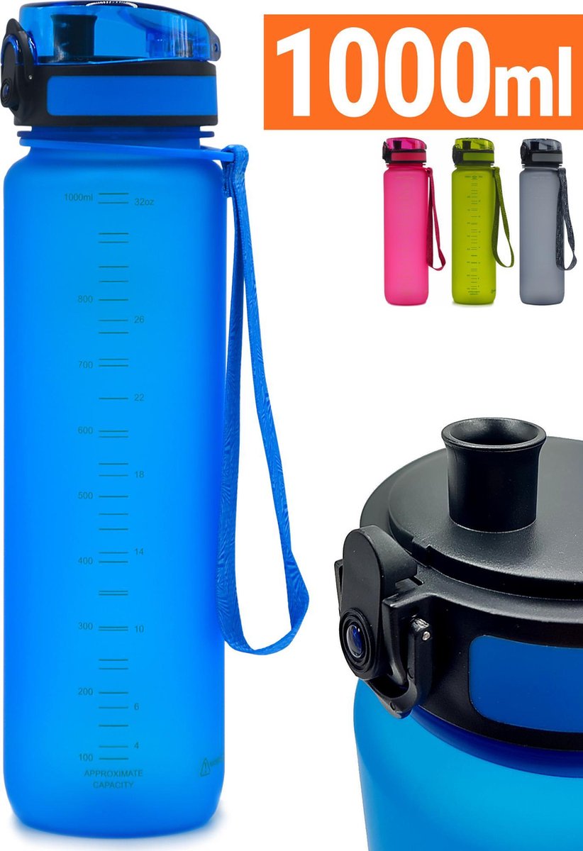 Drinkfles 1 liter - Sport Drinkbus Bidon 1000 ml Blauw - King Mungo KMDF007
