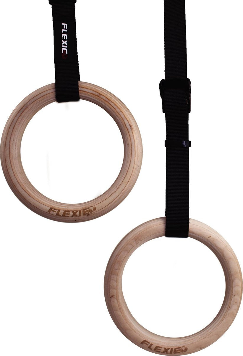 FLEXIE® RINGS - Turn ringen - Gymnastiek ringen - Gymringen - Crossfit - Suspension trainer - Hout -500kg - Zwart - 32MM