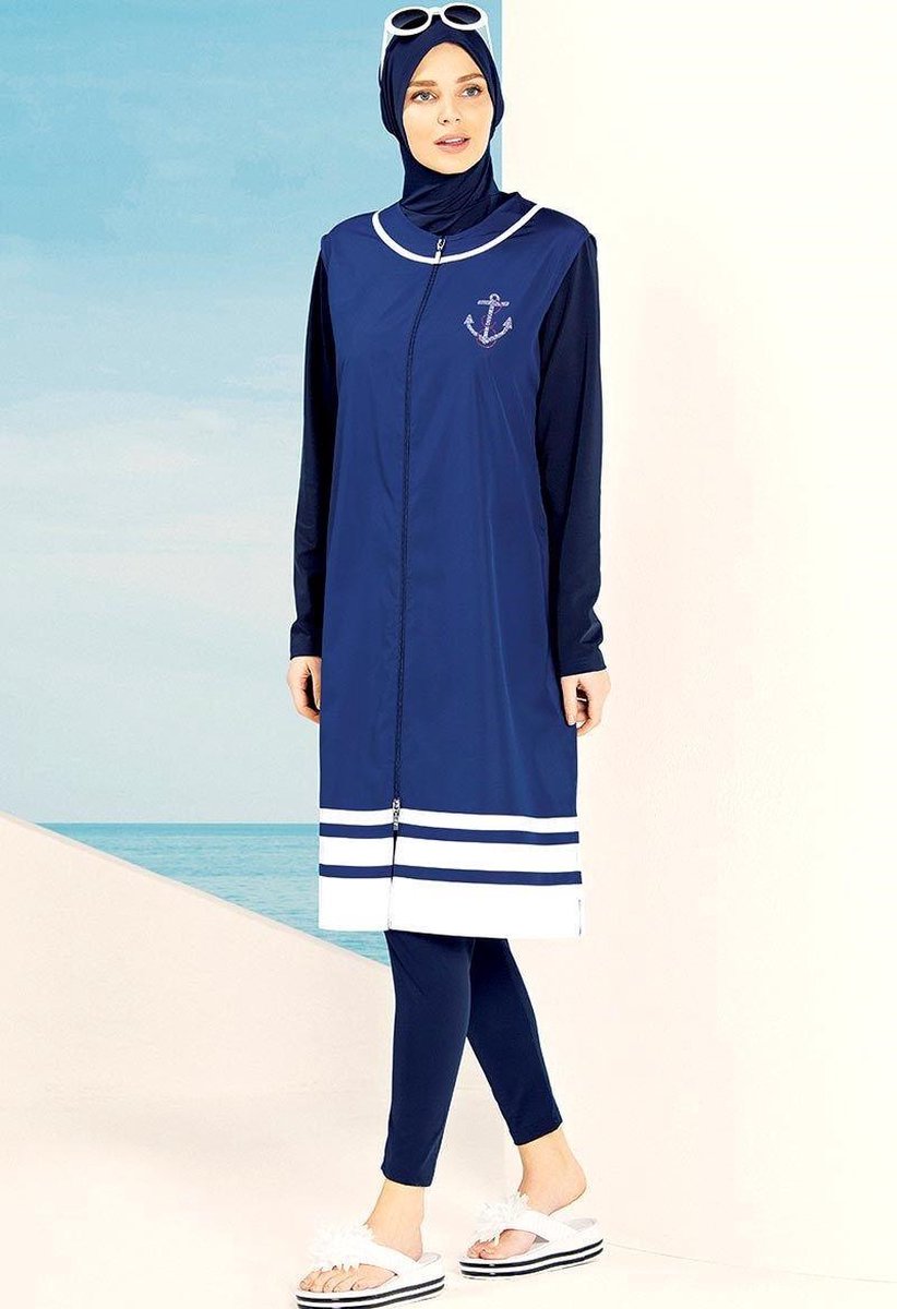 Hasema Dames Hijab Badpak Zwemset met Zwem Legging en Zwem Hoofddoek + Zwemkap Marine Blauw Maat S