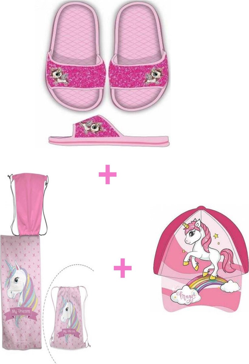 Unicorn 3-pak cadeau voor meisjes-strandlaken met zwemzak+pet/cap+badslippers-roze