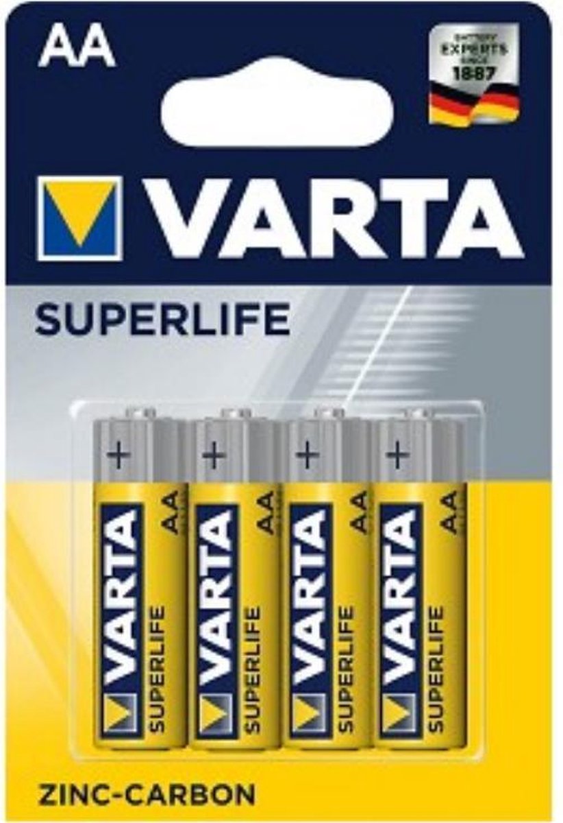 Varta Superlife AA. Zink-Carbon. per 4 in blister. (hangverpakking)