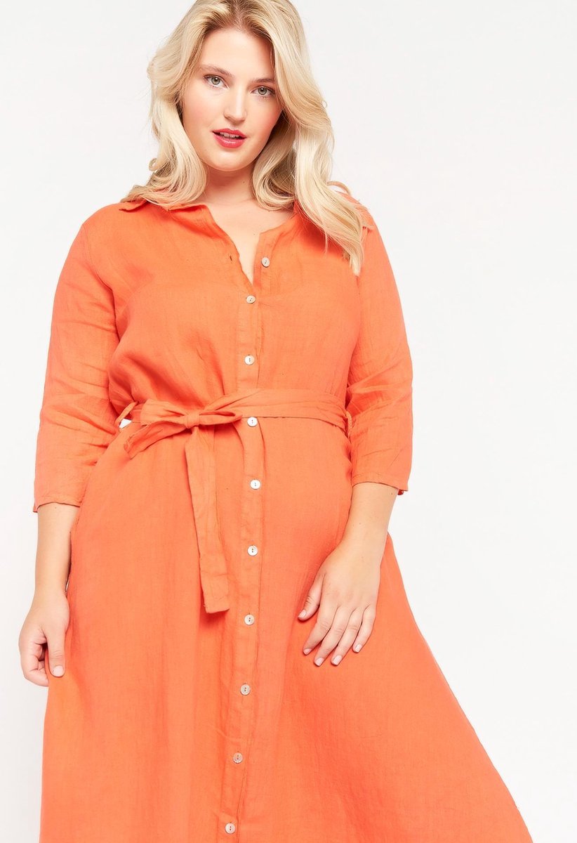Maxi overhemd jurk met ceintuur - Oranje