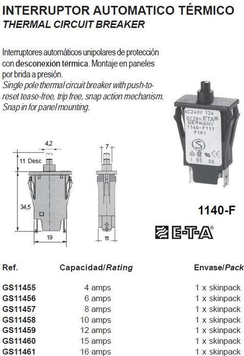 1140-F THERMAL CIRCUIT BREAKER 8A (GS11457)