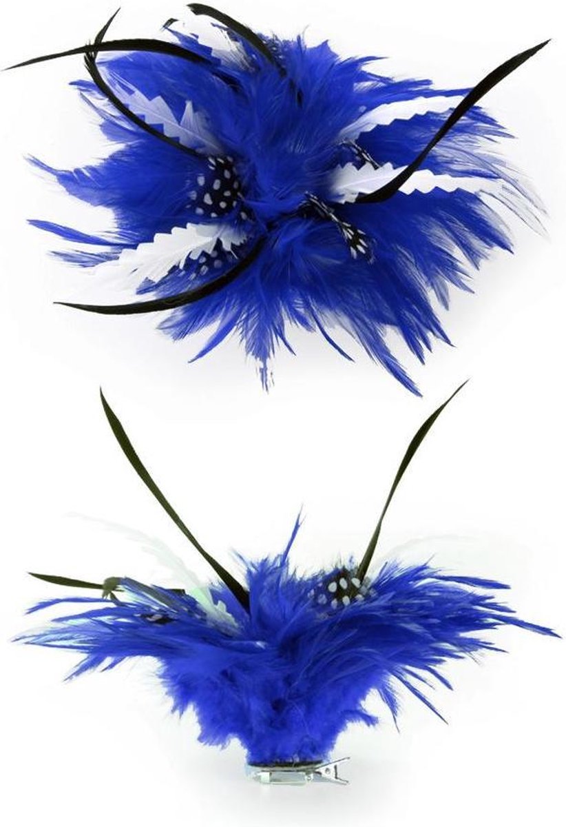 Bloem blauw/wit met veertjes op clip/speld
