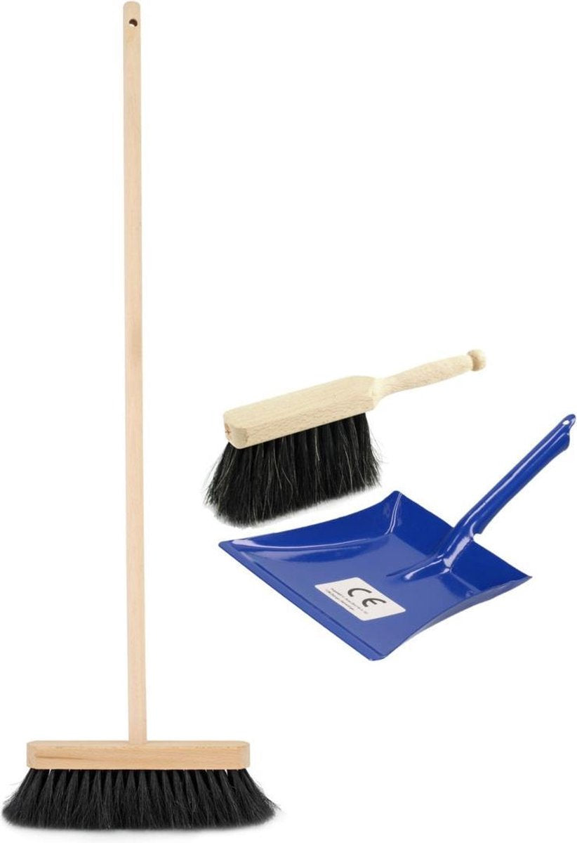 Kinder schoonmaak set - Stoffer en blik met bezem blauw - 3-delige speelgoed set