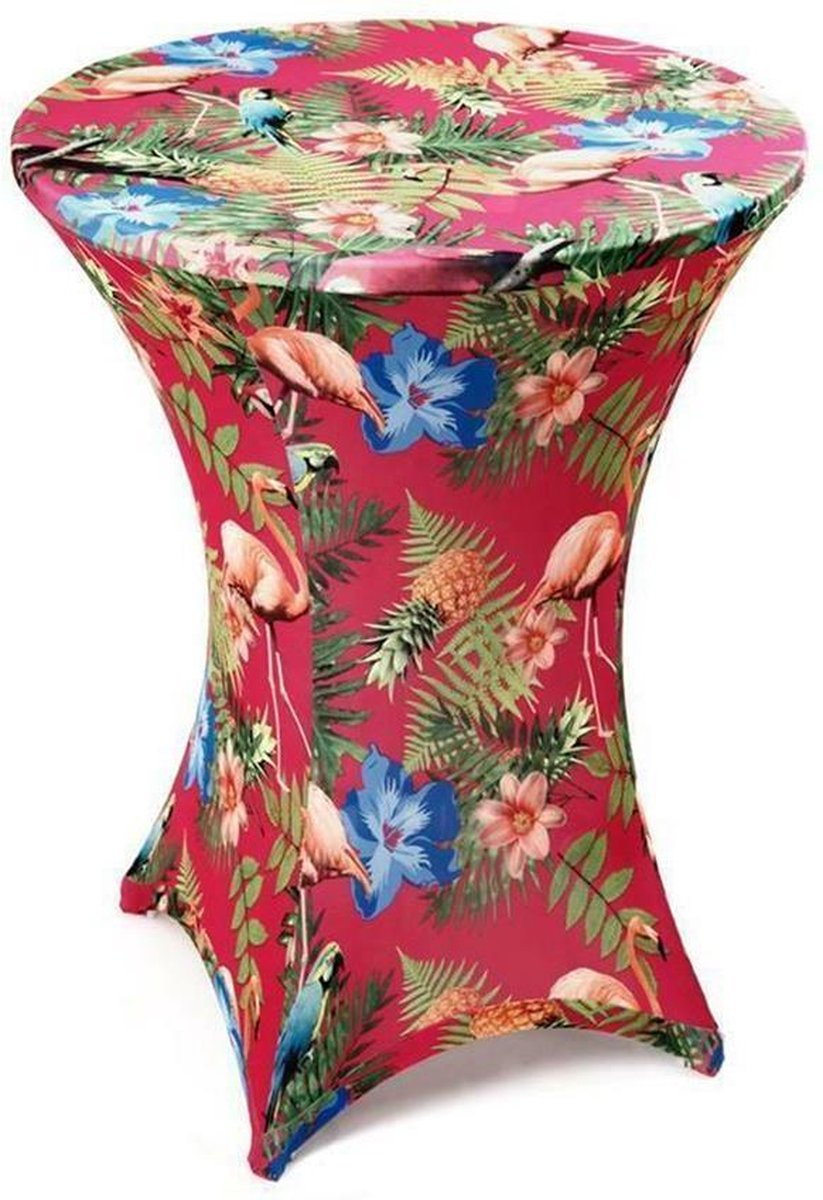 Tropische statafelhoes - tafelrok roze rood met bloemen flamingo's en papegaaien - tropical Hawaii Caribbean feestje party - 80x110 cm
