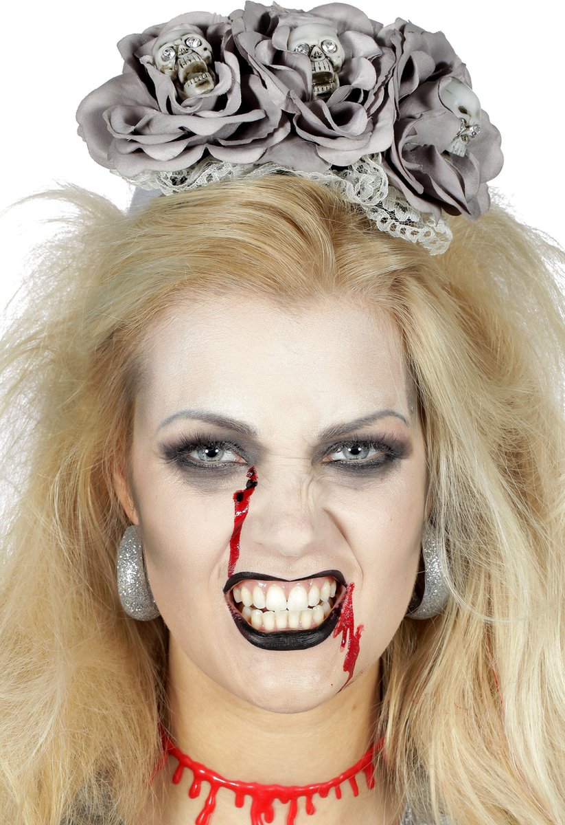 Diadeem met bloemen en doodskoppen grijs