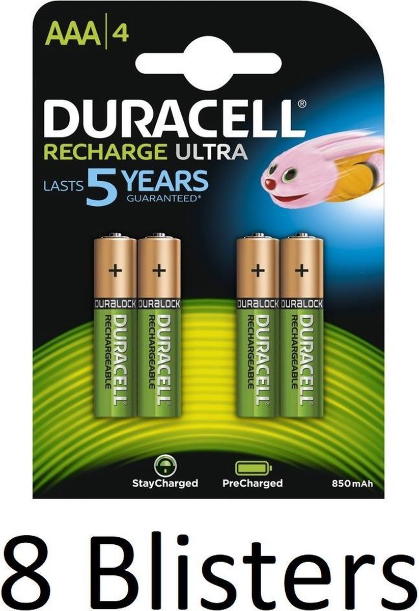 32 Stuks (8 Blisters a 4 st) Duracell AAA Oplaadbare Batterijen - 800 mAh