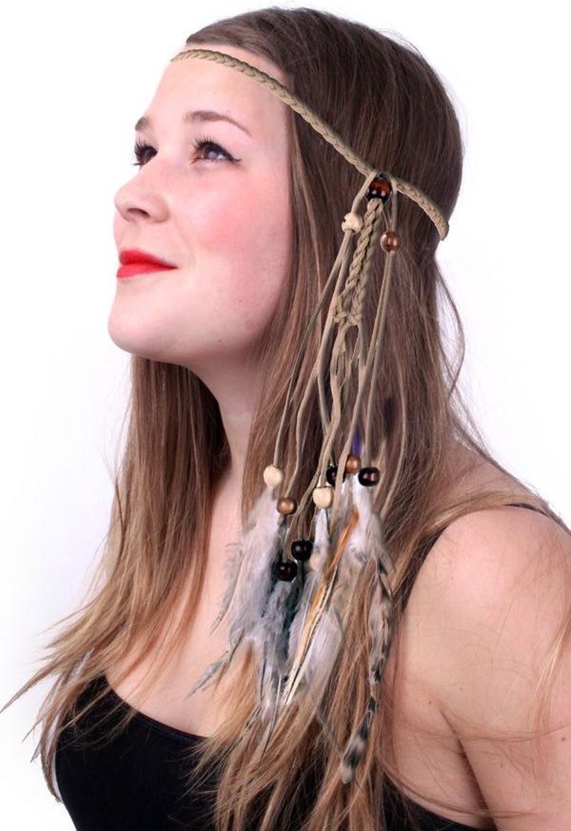 Hoofdband Ibiza/indiaan veertjes naturel kleur