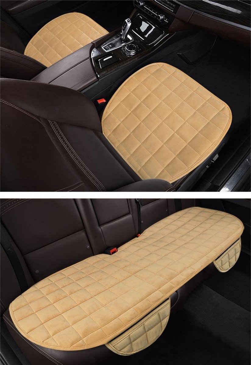3 stks / set warme autostoelhoes kussen vijf zetels universele twee voorrij stoelhoezen en een rugleuning stoelhoes auto antislip stoel pad warme automatten geen rug pluche kussen (kaki)