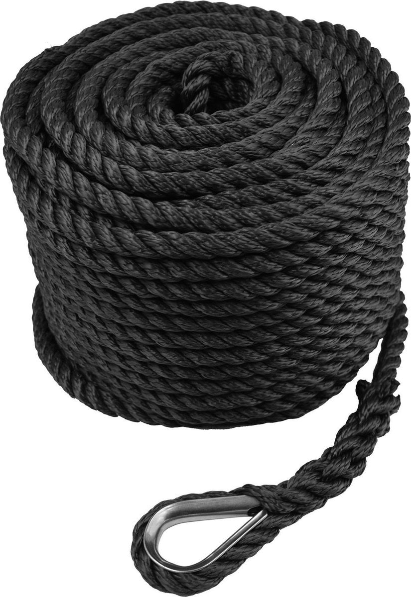 FES Ankerlijn - Zwart - incl. oog en RVS touwkous - 10mm x 20m - zwart