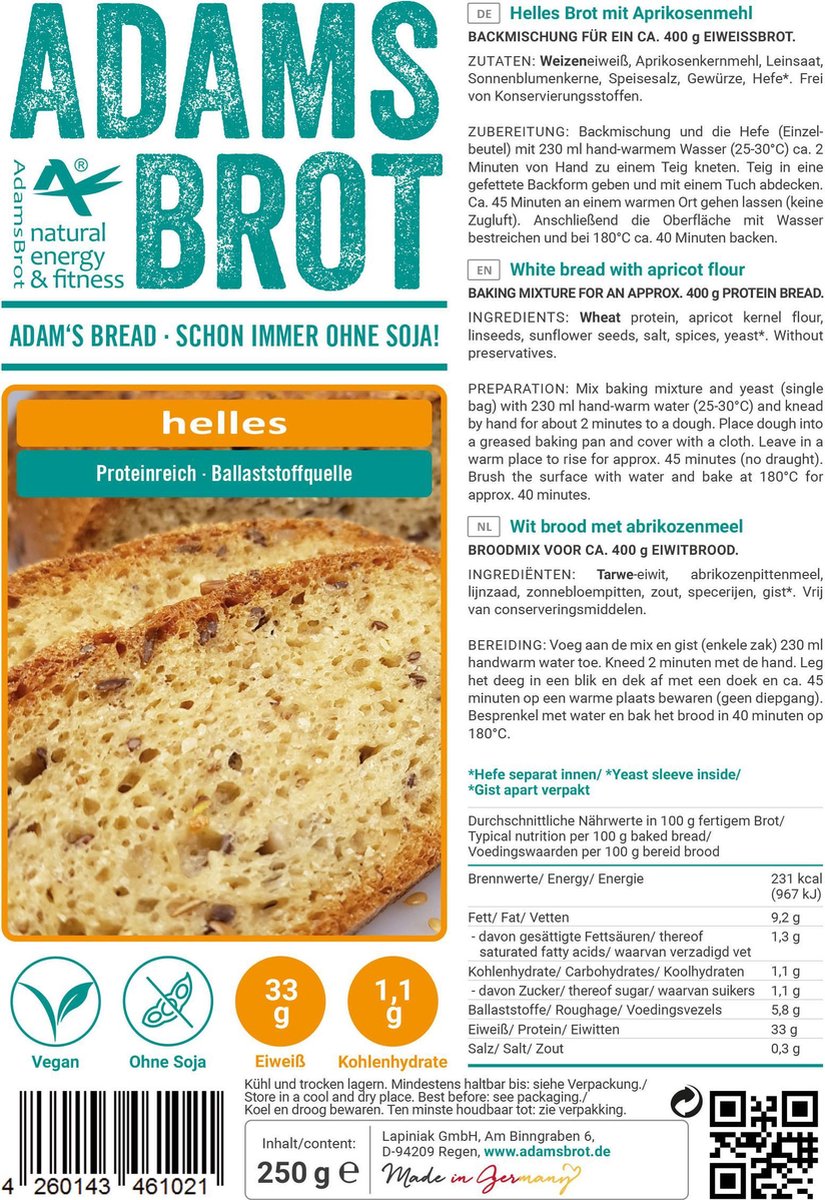 Adam's fitness Food Adam's Brot - 250 gram - Licht