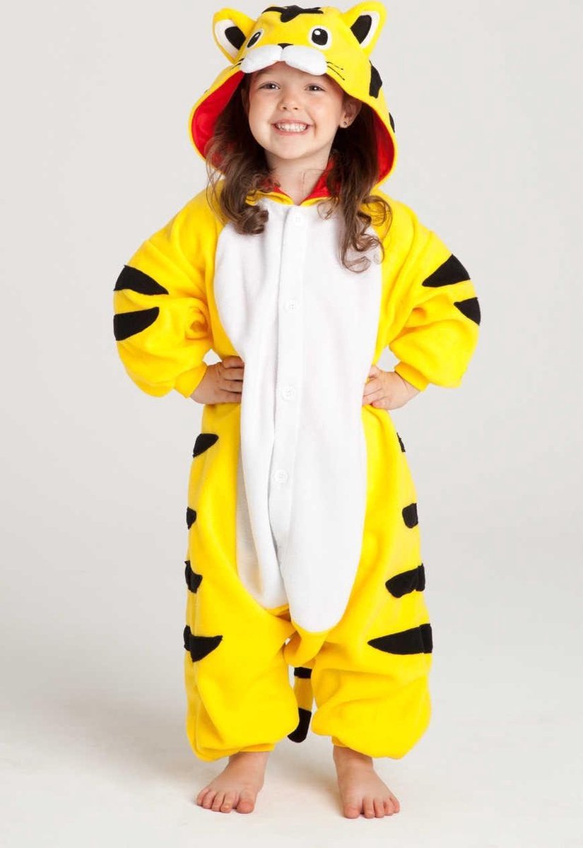 KIMU Onesie gele tijger kinder pakje kostuum - maat 110-116 - tijgerpak jumpsuit pyjama
