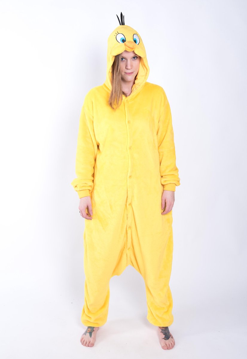 KIMU Onesie Tweety kinder pak Looney Tunes - maat 128-134 - kanarie vogel kostuum jumpsuit pyjama