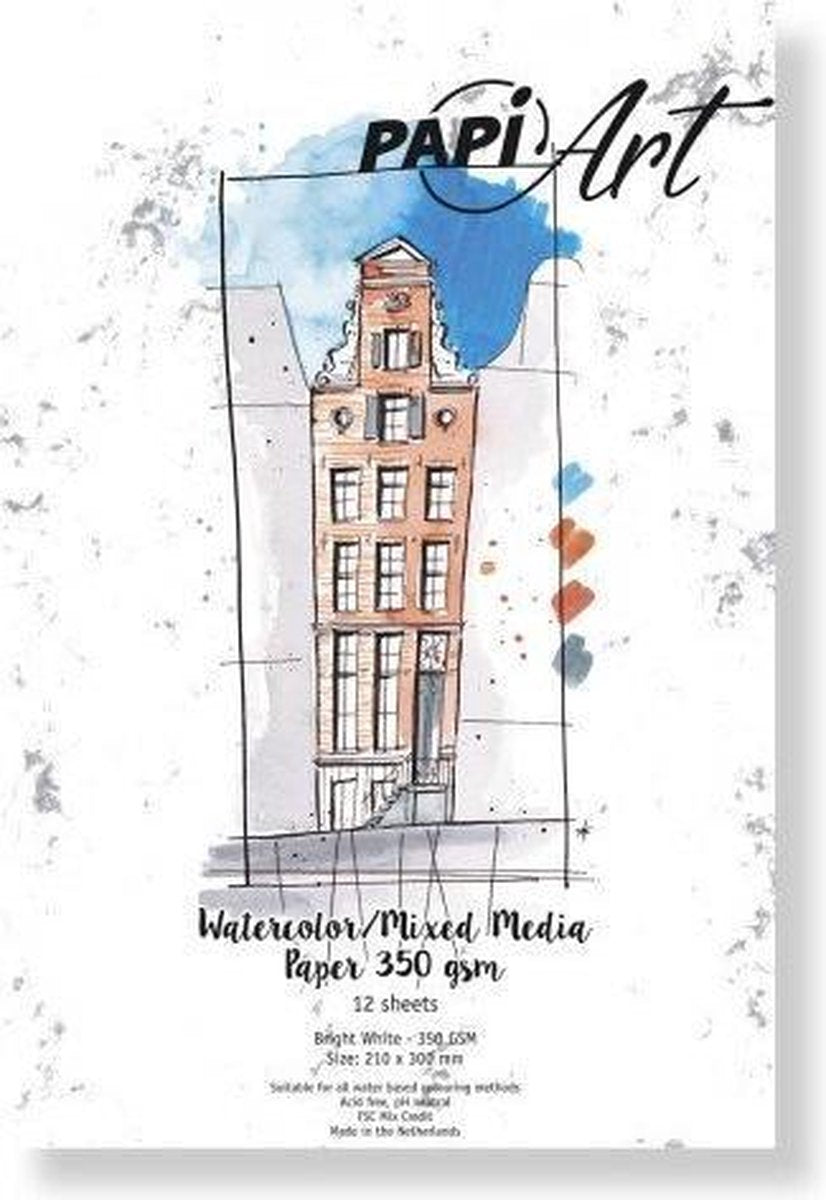 Art.no. 363130) PapiArt 210x300 mm 350 grs. Aquarel/Mixed Media Bright White 12 vel