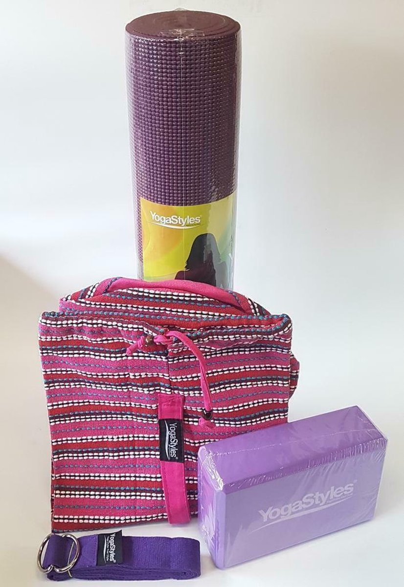 Yoga Starterspakket Eko Standaard - beginnersset : paarse yogamat + yogablok + yogariem + grote yogamattas