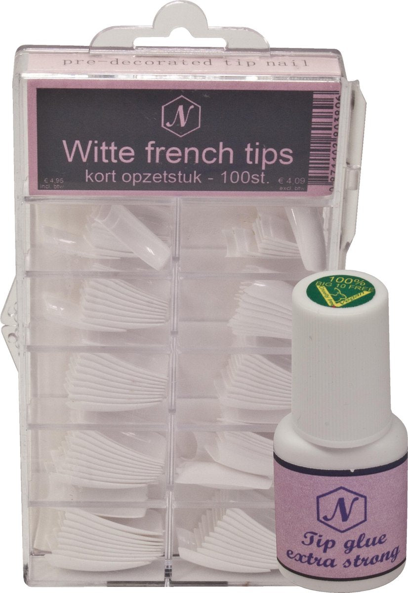Nageltips French white tip box 100 stuks en  tiplijm strong  - plak tips - plaknagels - nagelijm - frech nagels
