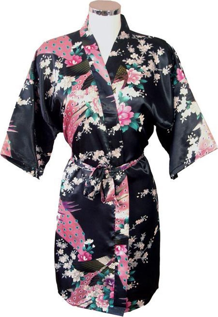 TA-HWA Korte Kimono Pauw Zwart One Size