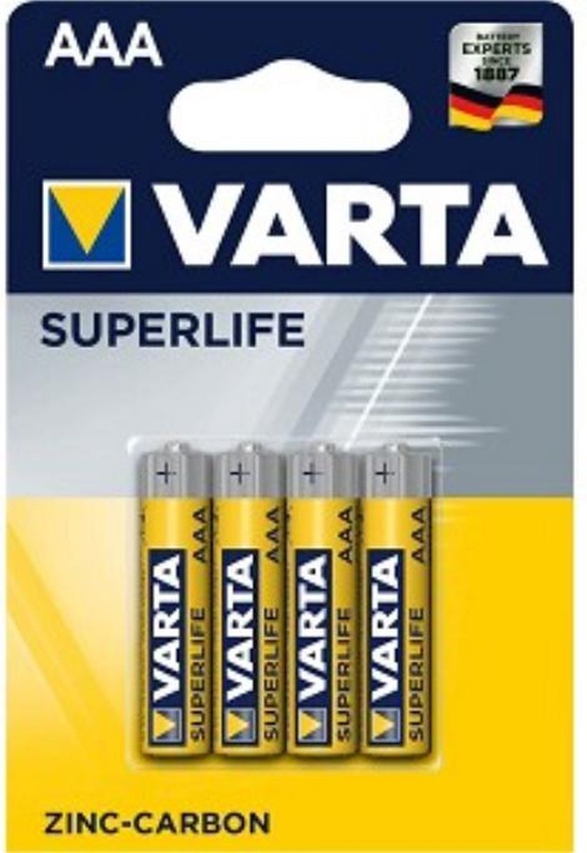 Varta Superlife AAA. Zink-Carbon. per 4 in blister. (hangverpakking)