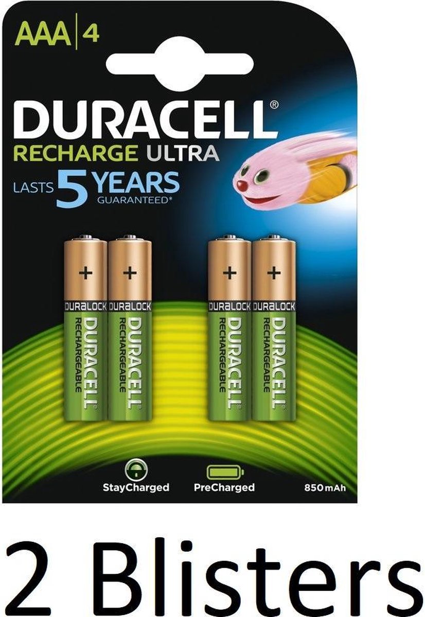 8 Stuks (2 Blisters a 4 st) Duracell AAA Oplaadbare Batterijen - 800 mAh