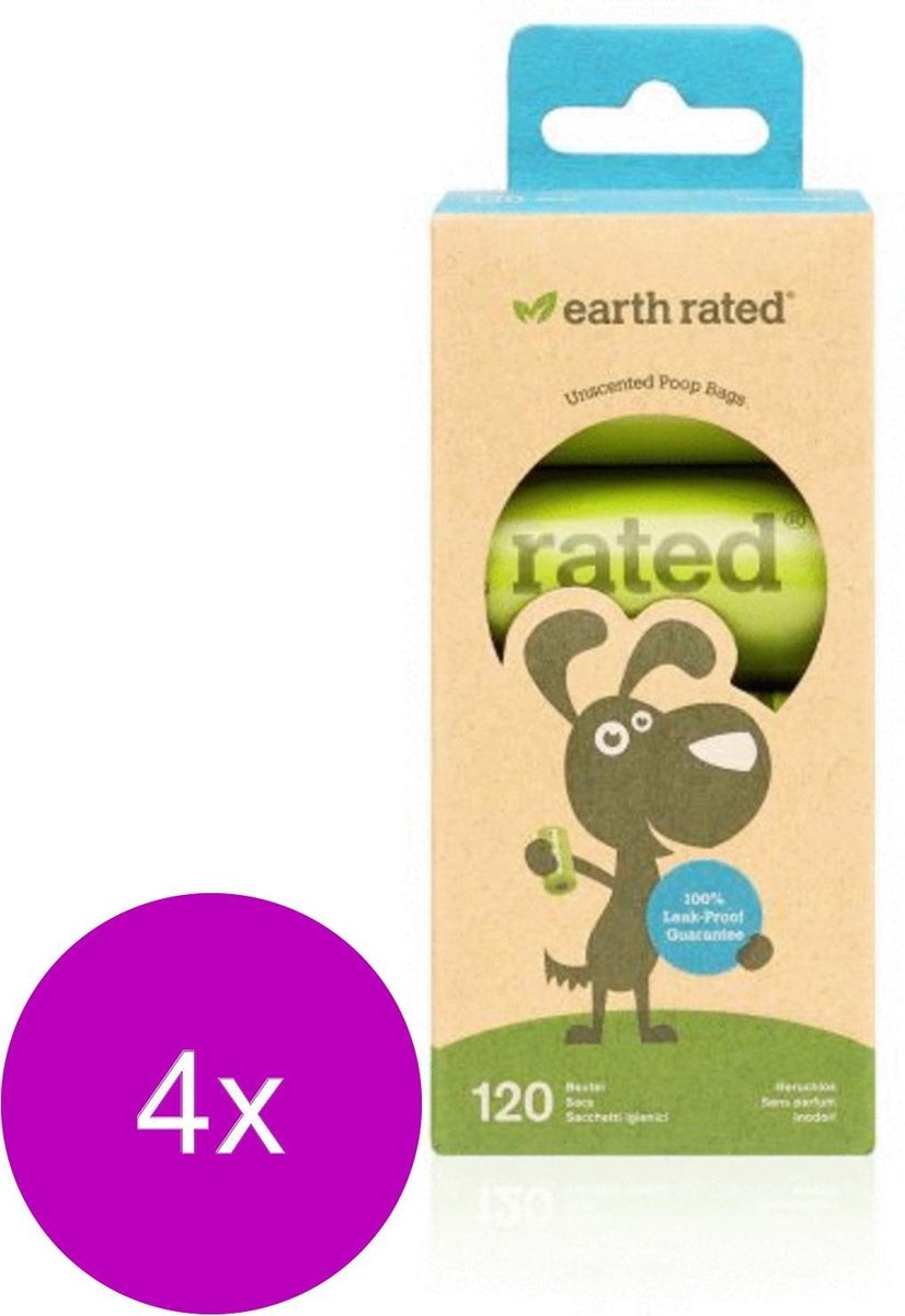 Earth Rated Poepzakjes Navulling Box Geurloos - Hondenpoepzakjes - 4 verpakkingen x 8 rollen à 15 zakjes