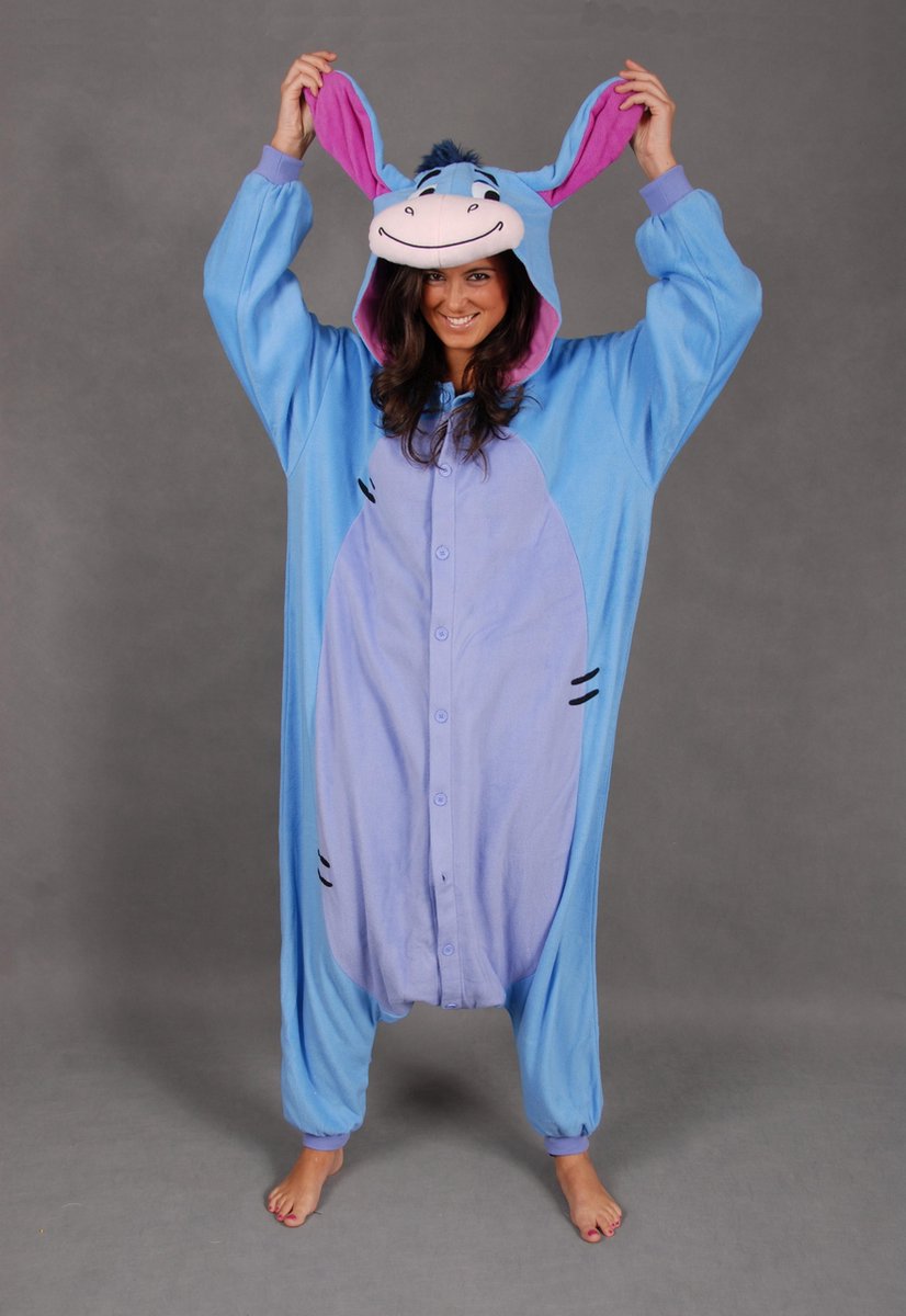 KIMU Onesie Eeyore pak - maat L-XL - ezelpak Igor Winnie de Poeh jumpsuit blauw ezel kostuum huispak