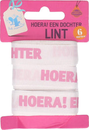 Lint HOERA ! EEN DOCHTER ca 6 meter wit met roze letters - hoera een dochter lint - baby shower