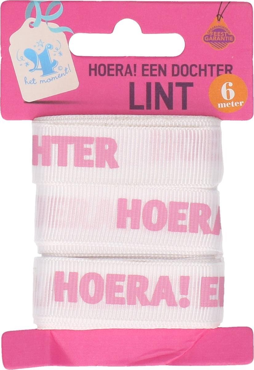 Lint HOERA ! EEN DOCHTER ca 6 meter wit met roze letters - hoera een dochter lint - baby shower