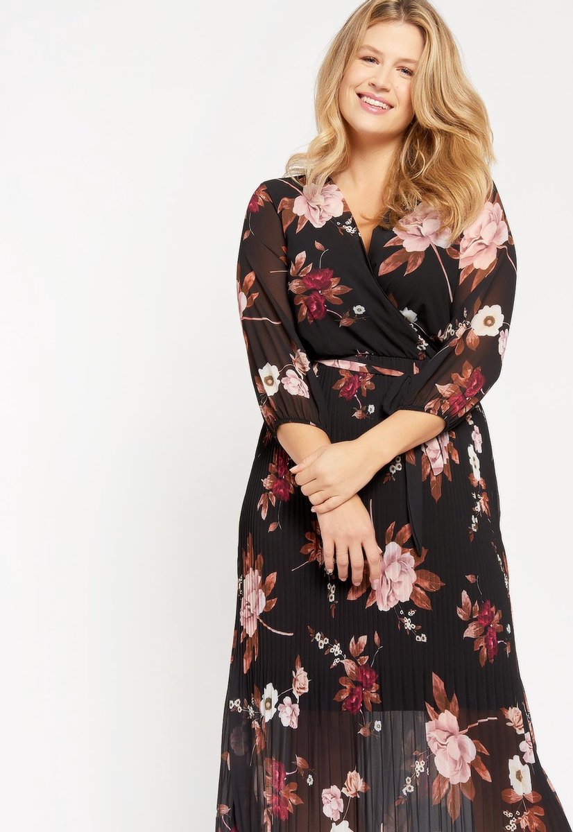 Midi jurk met bloemen en ceintuur - Zwart