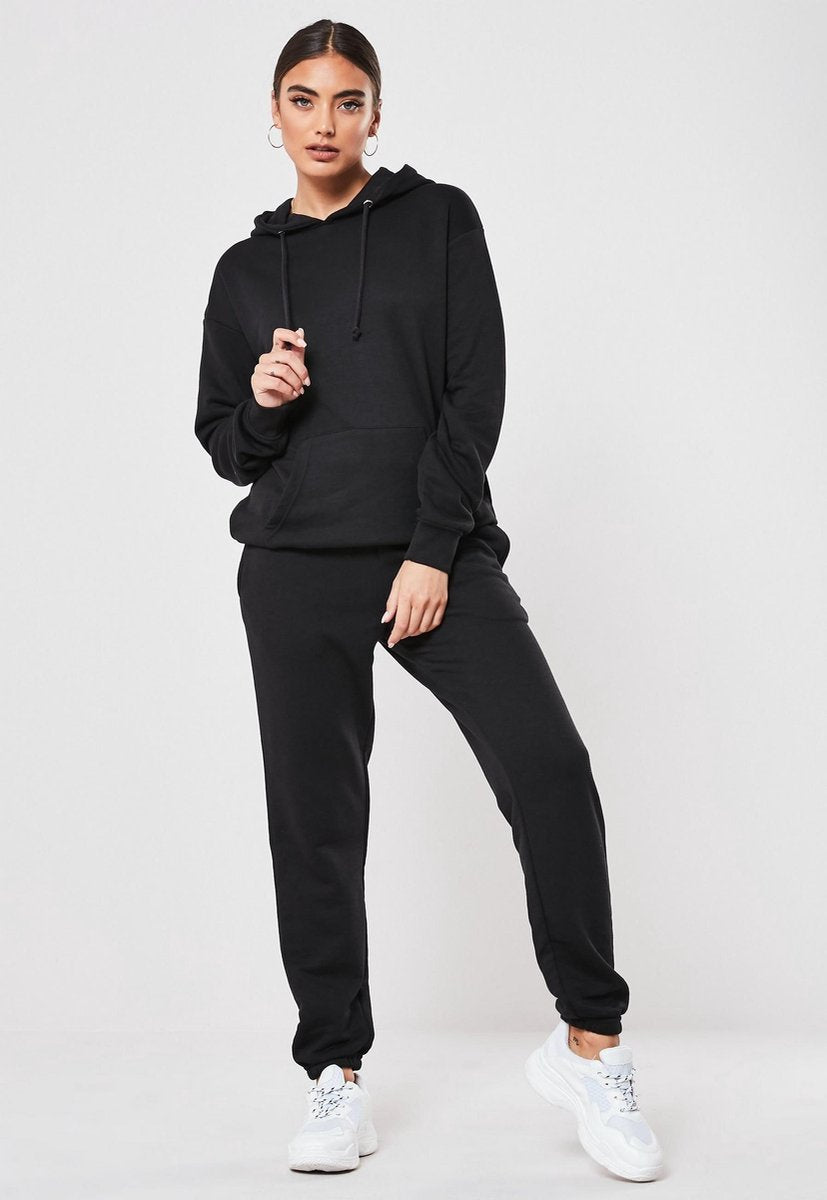 Hoogwaardige Dames Tracksuit / Joggingsoutfit / Trainingspak | 2-Delig Hoodie & Broek | Sportpak | Huispak | Zwart-Effen - XL