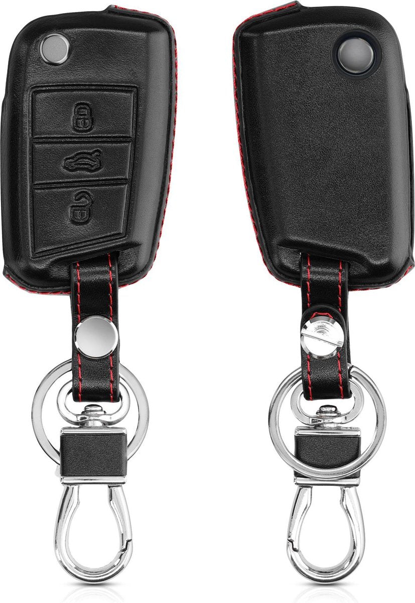kwmobile autosleutelhoes voor VW Golf 7 MK7 3-knops autosleutel - Hoesje voor autosleutel in zwart / rood - Leren hoes