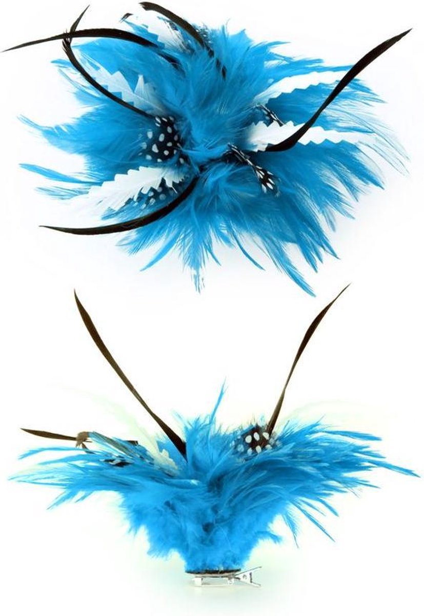 Bloem turquoise/wit met veertjes op clip/speld